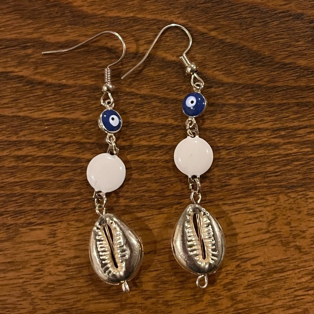 Handcrafted Dangle Earrings Evil Eye Cowrie Shell